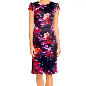 Betsey Johnson Black Floral Short Sleeves Fitted Sheath Dress Size 4